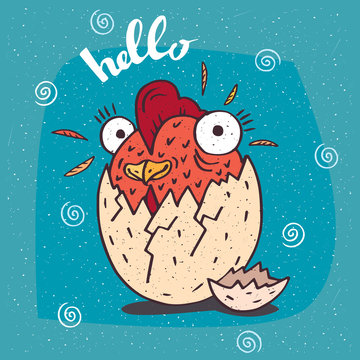 Cartoon cute little cock or rooster like a chicken hatched from an egg. Blue background and Hello lettering