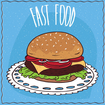 Classic steak burger with tomato, cheese, steak and lettuce, lie on a lacy napkin. Blue background and lettering Fast food. Handmade cartoon style