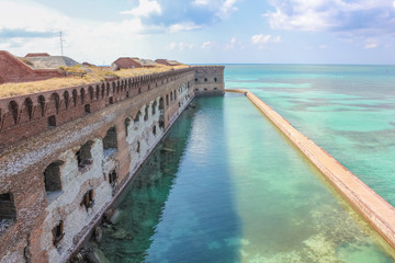 Aerial view of Fort Jefferson on the Caribbean sea of the Gulf of Mexico. Dry Tortugas National Park is 70 miles from Key West in Florida and can be reached by ferry or seaplane.
