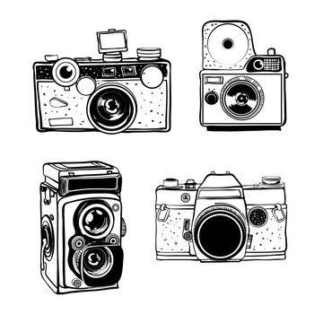 Retro photo camera set vector doodle black and white illustration