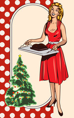 Retro housewife with food vector image