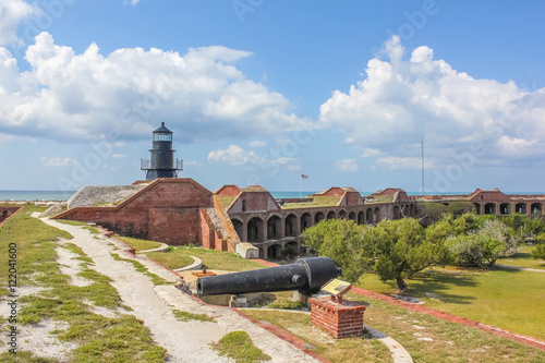 The Garden Key Lighthouse and cannon atop Fort Jefferson in