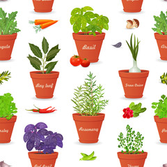 seamless texture with herbs planted in pots and fresh vegetables