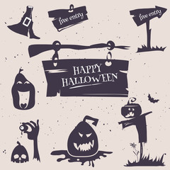 Vector illustration set for happy Halloween flyer, card, poster. Halloween logos emblems and labels on white background in retro stile