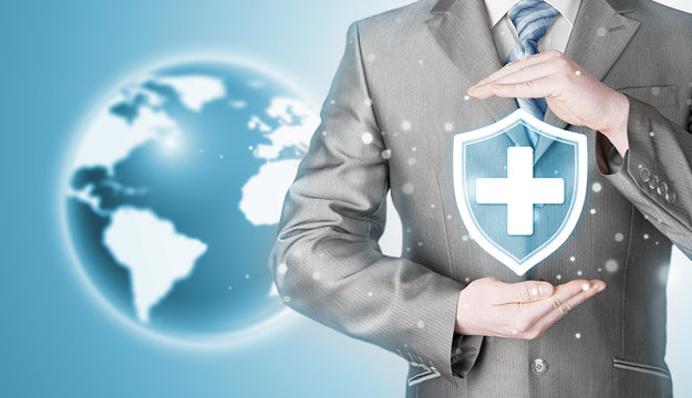 Health protection and insurance. Medical healthcare. Business in health safety. Globe background. World wide insurance.