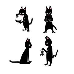 Group of flat black cats, who are playing with a mouse and a plate of milk