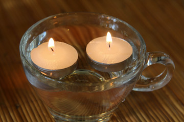 Floating burning candles in a coffee cup.