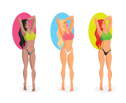 Set of beautiful, young, sexy girls. Sport women dressed in mini sportswear. Isolated Vector illustration. Skin care, weight loss, dieting program, fitness. 
