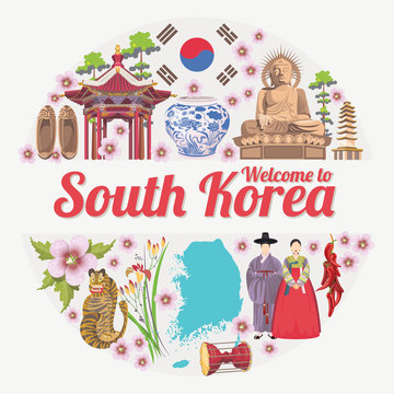 South Korea travel vecto poster with pagodas and traditional signs. Korea Journey card with korean objects.