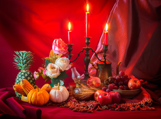 Fruits and vegetables with pumpkins in autumn vintage still life