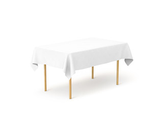 Bank white tablecloth mock up, clipping path, 3d rendering. Clear table cloth design mockup isolated. Fabric space satin on desk template. Kitchen wood table clean textile overlay. Setting cafe table.