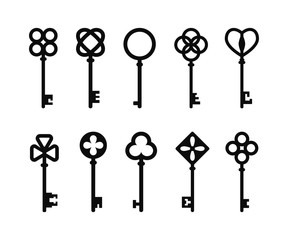 Vintage set of antique keys. Vector illustration.