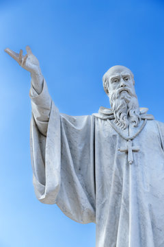 Norcia, Italy. Statue Of St. Benedict  Of Nursia In The Square Of Saint Benedict 