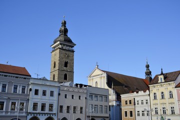 Fototapeta na wymiar Architecture from Ceske Budejovice with blue sky
