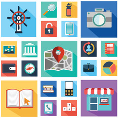 Vector collection of colorful flat business and finance icons with long shadow. Design elements for mobile and web applications