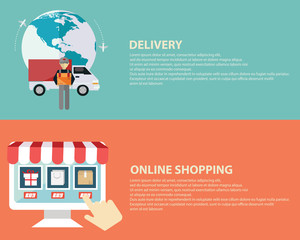 Flat design vector illustration icons of e-commerce symbols, internet shopping elements and objects in retro stylish color. Web banner