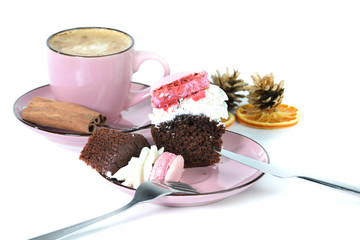 Still, delicious cake with macaroon on a gray background