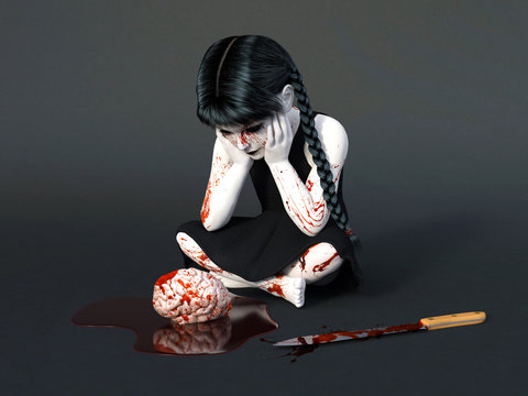 3D rendering of a blood covered small girl sitting on the floor.