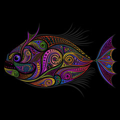 Abstract vector color piranha from patterns on a black background