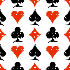 Vector seamless grunge pattern. Black, red, white graphic illustration of sign of playing card with ink blot, brush strokes. Endless background. Series of gaming and gambling seamless vector patterns.