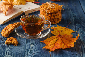 Cup of tea with old book, autumn leaves on wooden table