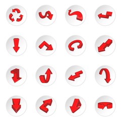 Arrow icons set in cartoon style. Red arrows set collection vector illustration