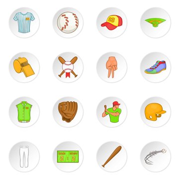 Baseball icons set in cartoon style. Softball equipment set collection vector illustration