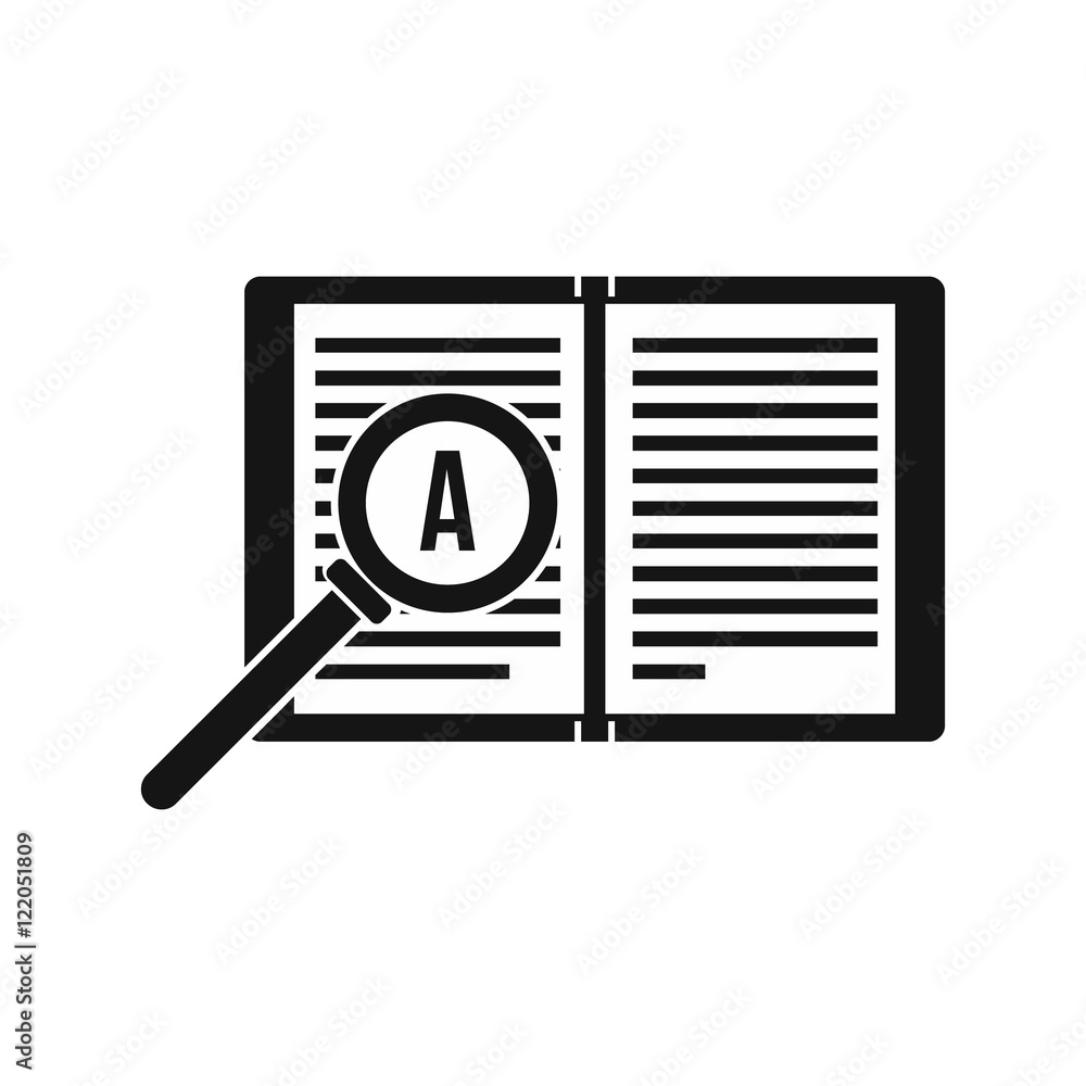 Poster magnifying glass over open book icon in simple style on a white background vector illustration