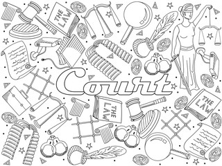 Set law and justice vector coloring book