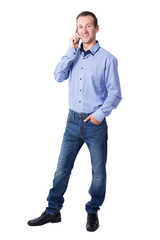 full length portrait of middle aged business man calling on mobi