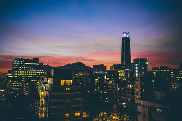 Cityscape of Santiago de Chile at dawn. Blue hour at Santiago de Chile. Skyline of Santiago at night