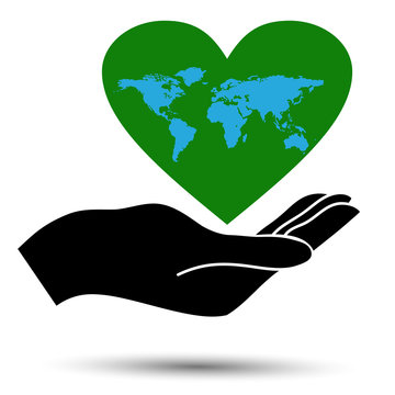 зеленое сердце с картой земли на руке