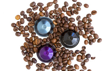 Italian coffee espresso capsules or coffee pods on white isolated background