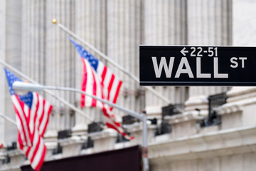 Wall street sign with the New York Stock Exchange on the background - obrazy, fototapety, plakaty