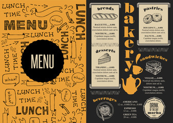 Menu bakery restaurant, food template placemat.