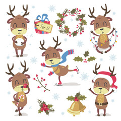 vector Christmas cartoon deer set