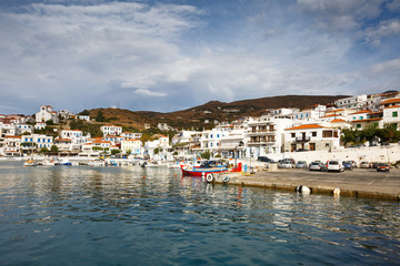 Fototapeta na wymiar Batsi village on the coast of Andros island in Greece.