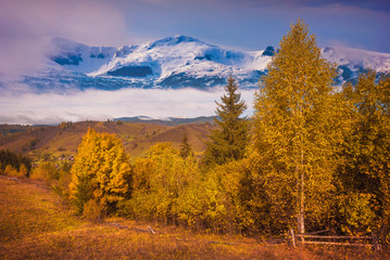 Naklejka premium Misty valley with snow-capped mountains