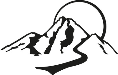 Mountain with trail and sun retro style