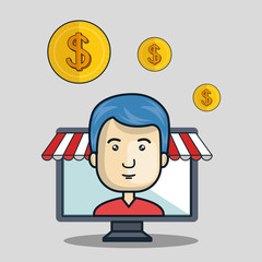 Fototapeta na wymiar avatar man and monitor computer digital store. shopping online concept icon set. colorful design vector illustration