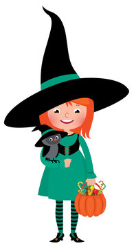 Little girl witch Halloween with an owl and pumpkin basket with