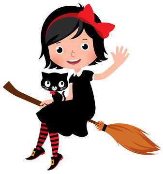Witch in black dress flying on a broom with her cat Stock Vector