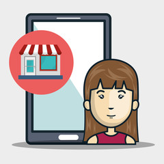 avatar woman and smartphone technology device with  shopping online icon set. colorful design. vector illustration
