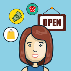 avatar woman with  shopping icon set. colorful design. vector illustration