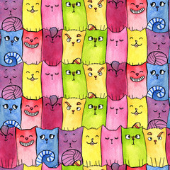 Seamless pattern with bright rainbow colors cats