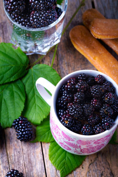 Cup of fresh natural blackberries with biscuits