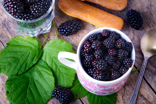 Cup of fresh natural blackberries with biscuits