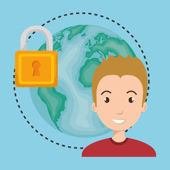 avatar man smiling  with earth planet and security lock icon. vector illustration