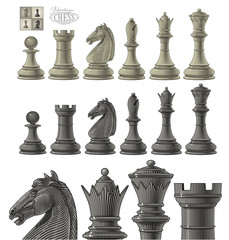 Vector illustration of chess piece set in vintage engraving style, isolated, grouped on transparent background