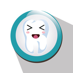 cartoon human tooth with happy expression face over blue and white circle. vector illustration